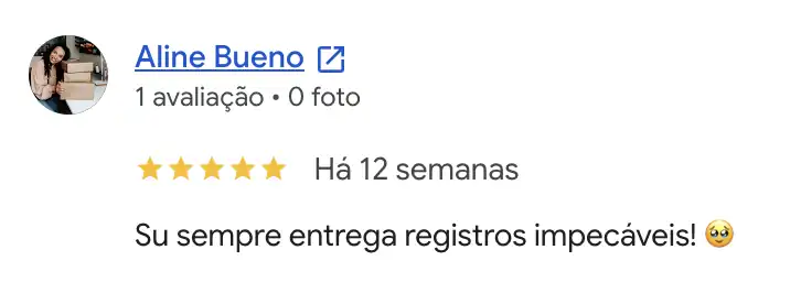 Avaliação no Google de Aline Bueno sobre registros fotográficos