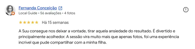 Avaliação no Google de Fernanda Conceição sobre experiência acolhedora do ensaio