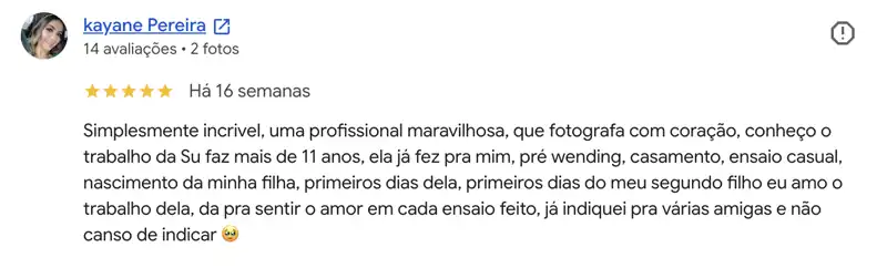 Avaliação no Google de Kayane Pereira sobre ensaios ao longo dos anos