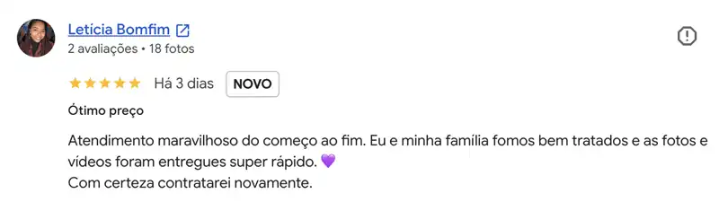 Avaliação no Google de Letícia Bomfim sobre atendimento e entrega das fotos