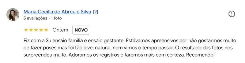 Avaliação no Google de Maria Cecilia de Abreu e Silva sobre ensaio gestante e família
