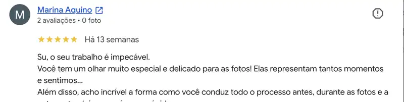 Avaliação no Google de Marina Aquino sobre trabalho fotográfico