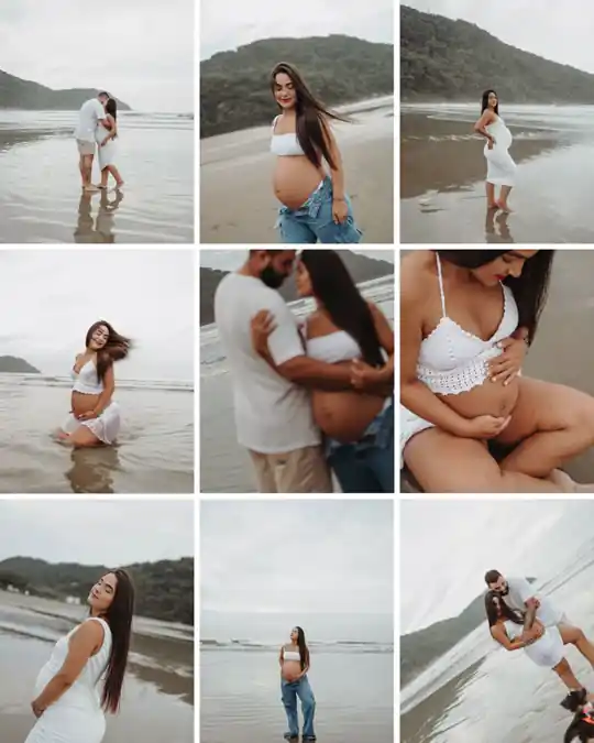 Ensaio de gestação na praia, jeans, branco e céu nublado